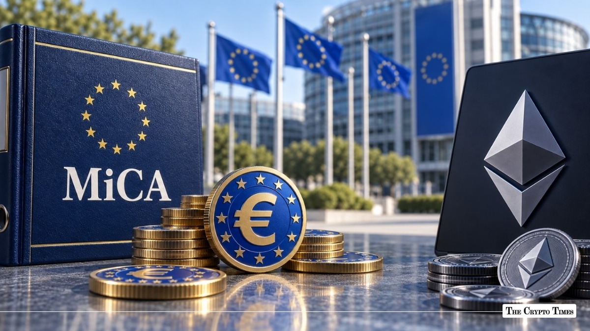 European Union-themed euro coins and an Ethereum symbol displayed in front of a blue MiCA binder and EU flag buildings.