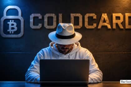 A hat-wearing figure at a laptop in front of a Coldcard wall logo.