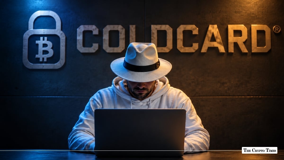 A hat-wearing figure at a laptop in front of a Coldcard wall logo.