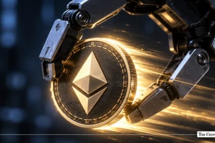A robotic metallic hand gripping a shiny 3D Ethereum coin surrounded by motion light lines