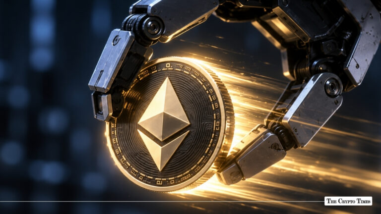 A robotic metallic hand gripping a shiny 3D Ethereum coin surrounded by motion light lines