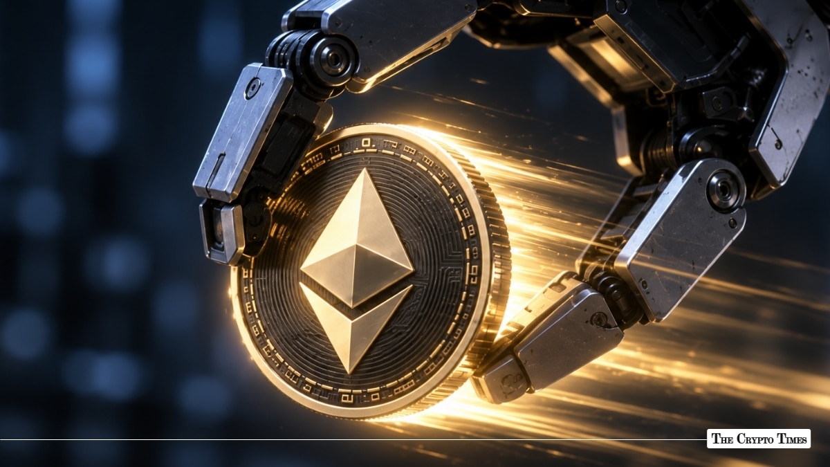 A robotic metallic hand gripping a shiny 3D Ethereum coin surrounded by motion light lines