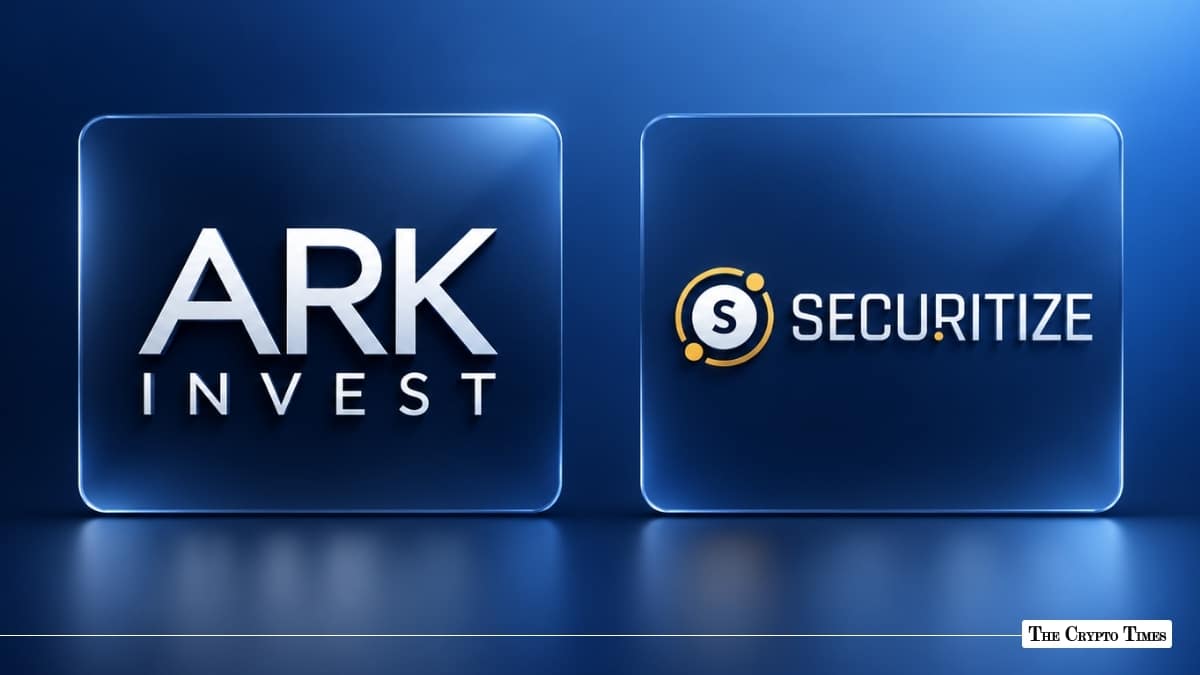 ARK Invest and Securitize corporate logos displayed on dual glass panels.