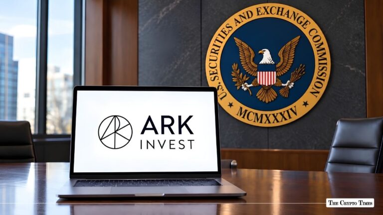 Laptop showing the ARK Invest logo placed on a desk in front of an SEC wall seal.