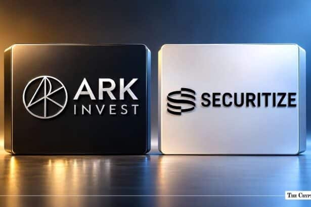 ARK Invest and Securitize corporate logos on contrasting dark and white panels.