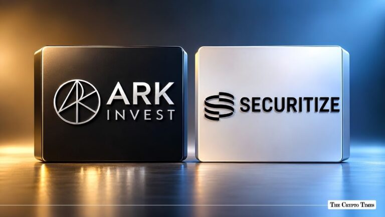 ARK Invest and Securitize corporate logos on contrasting dark and white panels.
