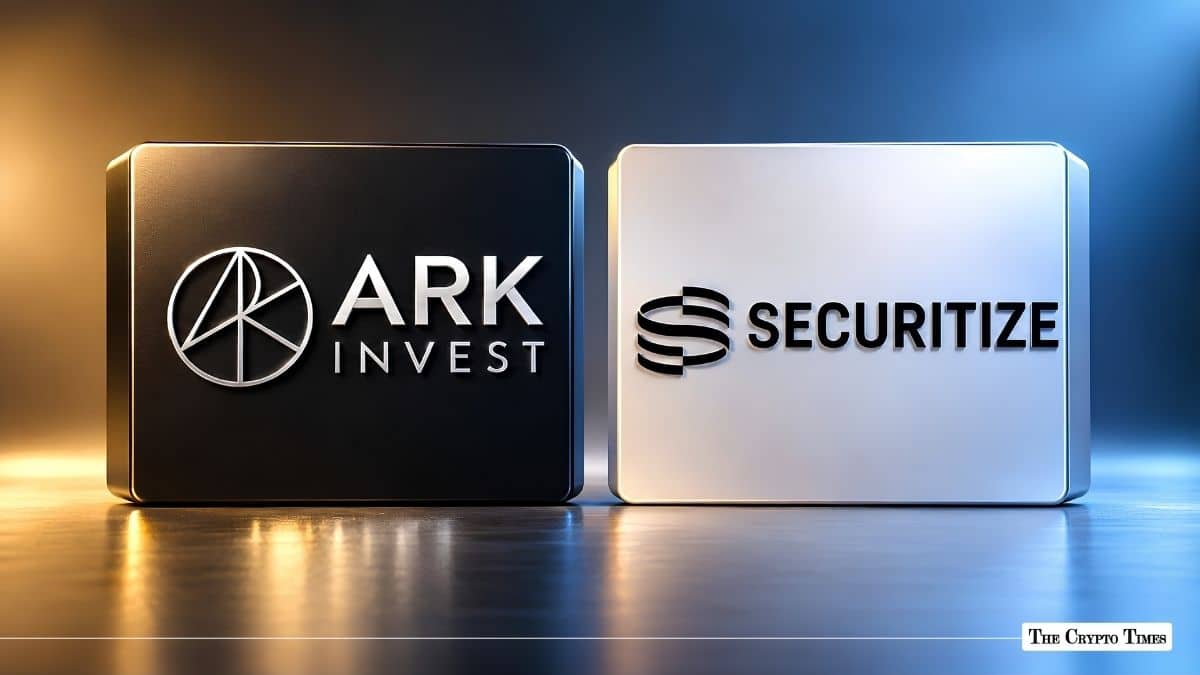 ARK Invest and Securitize corporate logos on contrasting dark and white panels.