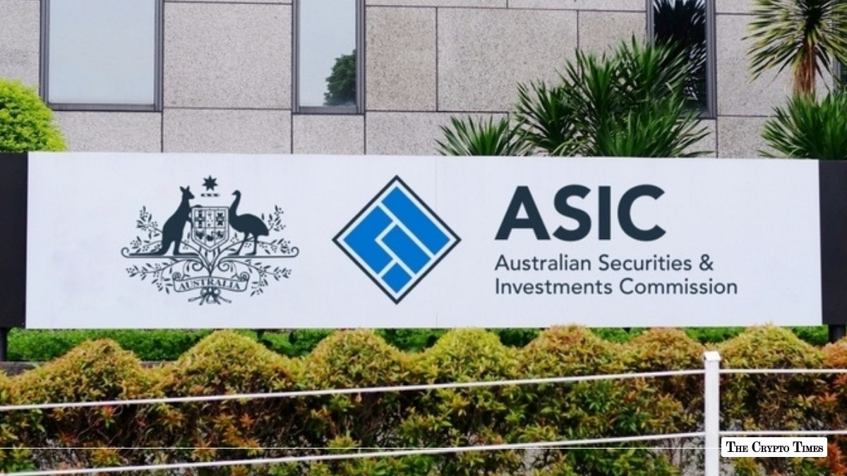 Large white outdoor sign displaying the Australian Securities & Investments Commission (ASIC) logo and text in front of a modern building facade