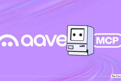 Aave logo alongside a retro computer icon and an "MCP" badge set against a light purple gradient background
