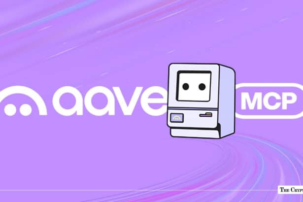 Aave logo alongside a retro computer icon and an "MCP" badge set against a light purple gradient background
