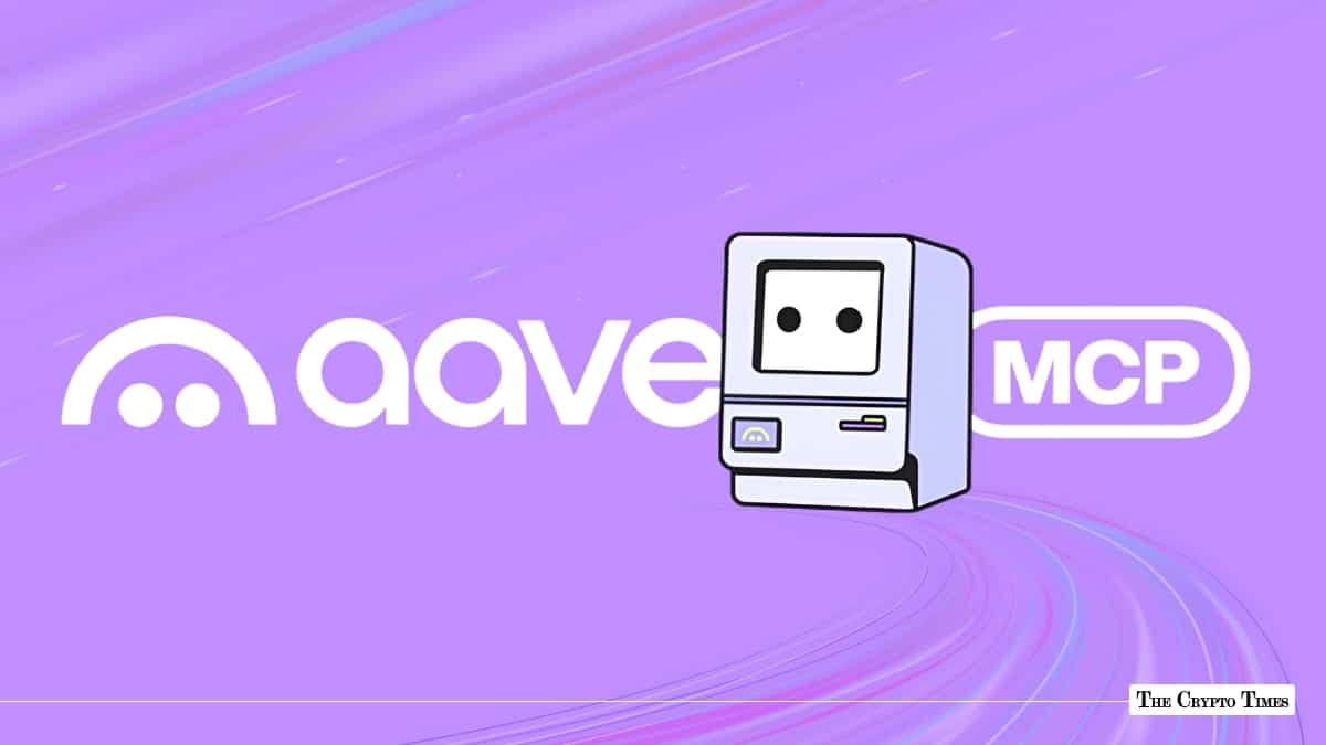 Aave logo alongside a retro computer icon and an "MCP" badge set against a light purple gradient background