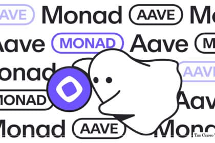 Aave ghost mascot holding a purple Monad token against a repeated Monad and Aave logo pattern.