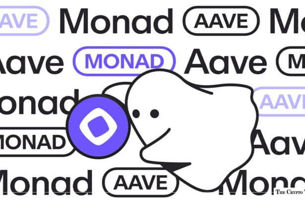 Aave ghost mascot holding a purple Monad token against a repeated Monad and Aave logo pattern.