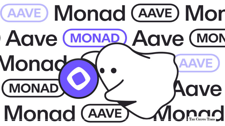 Aave ghost mascot holding a purple Monad token against a repeated Monad and Aave logo pattern.