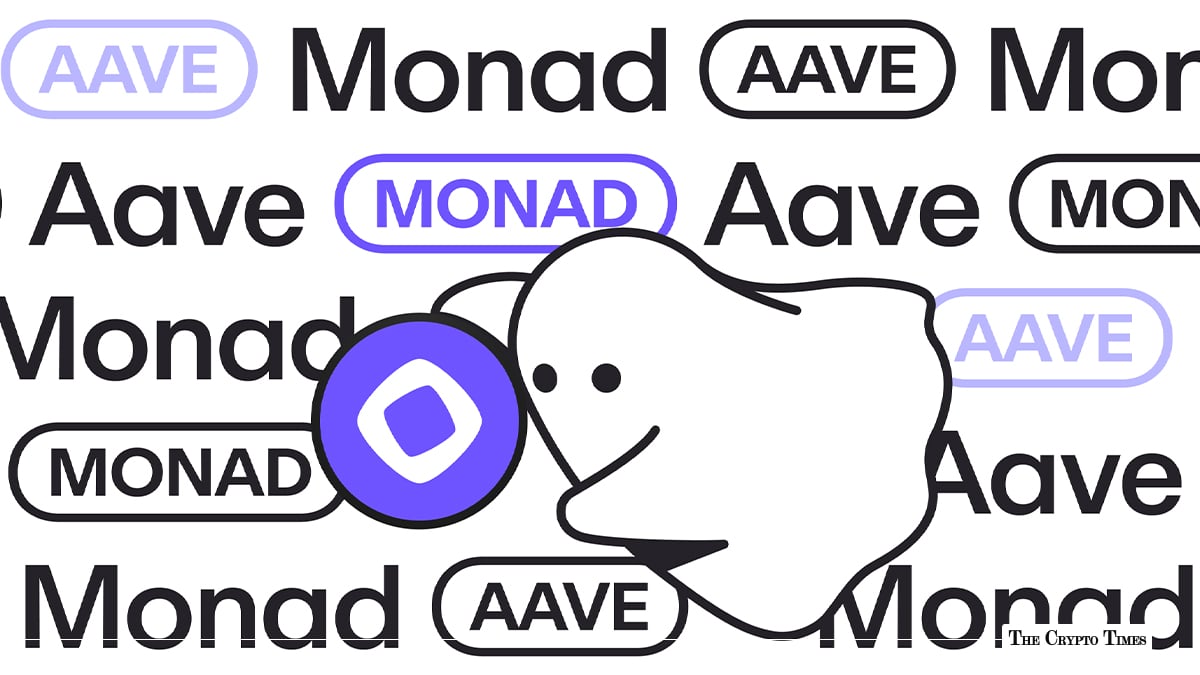 Aave ghost mascot holding a purple Monad token against a repeated Monad and Aave logo pattern.