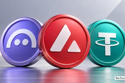 Three 3D cryptocurrency tokens displaying logos for Aave, Avalanche, and Tether.