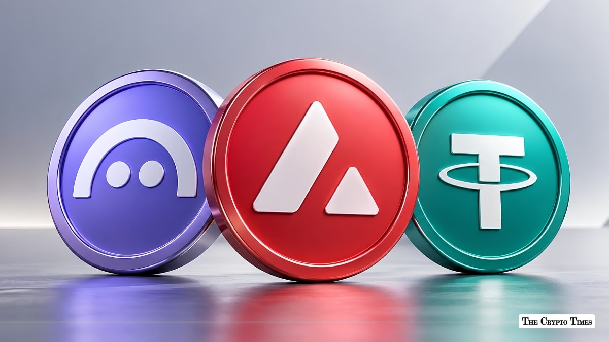Three 3D cryptocurrency tokens displaying logos for Aave, Avalanche, and Tether.