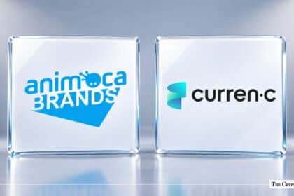 Animoca Brands and Curren-C logos displayed side-by-side on clear glass pedestals