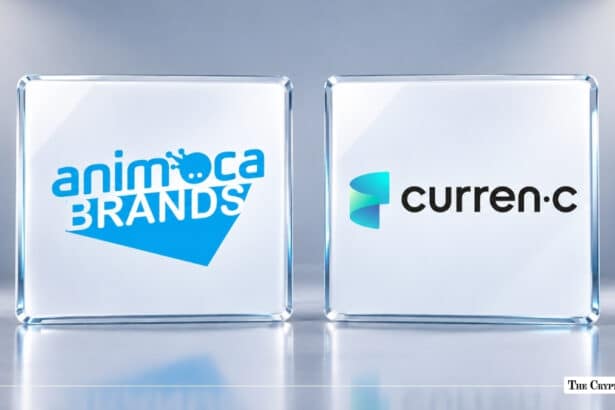 Animoca Brands and Curren-C logos displayed side-by-side on clear glass pedestals