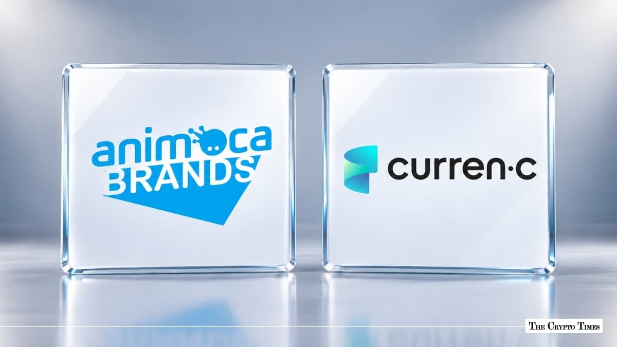 Animoca Brands and Curren-C logos displayed side-by-side on clear glass pedestals
