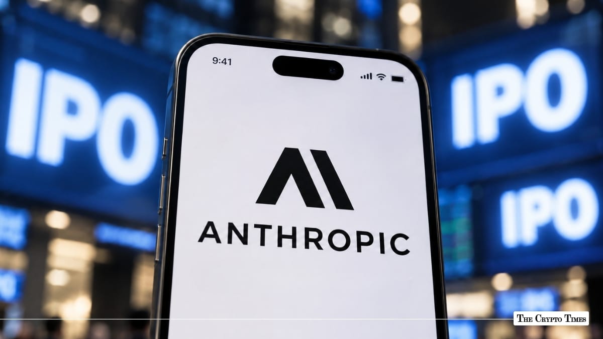 A smartphone displaying the Anthropic logo against a blurred background with illuminated "IPO" signs.