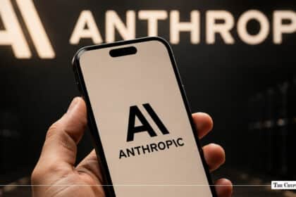 Hand holding a smartphone displaying the Anthropic logo on screen in front of a wall with the Anthropic logo