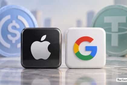 Apple and Google logo blocks positioned in front of USDC and Tether stablecoin tokens.