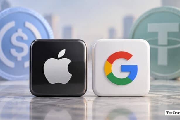 Apple and Google logo blocks positioned in front of USDC and Tether stablecoin tokens.