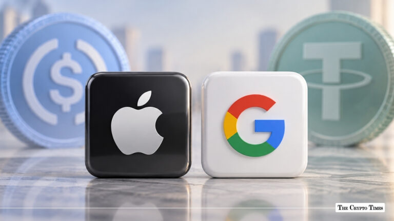 Apple and Google logo blocks positioned in front of USDC and Tether stablecoin tokens.
