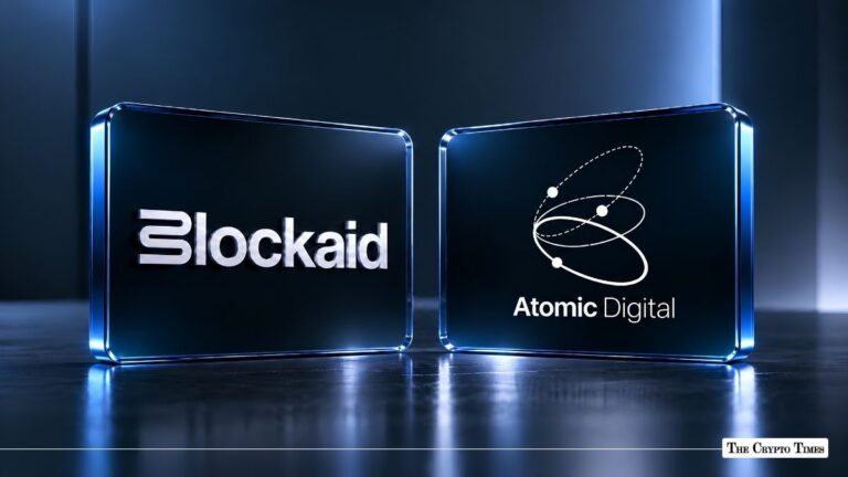 Blockaid and Atomic Digital logos displayed on blue glass blocks side by side.