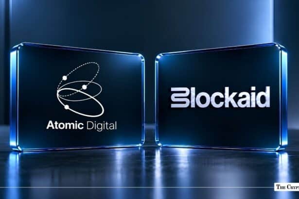 Atomic Digital and Blockaid logos displayed on blue glass blocks side by side.