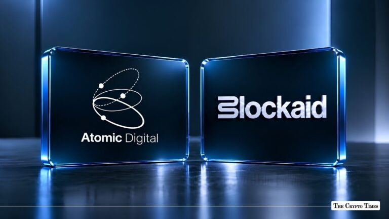 Atomic Digital and Blockaid logos displayed on blue glass blocks side by side.