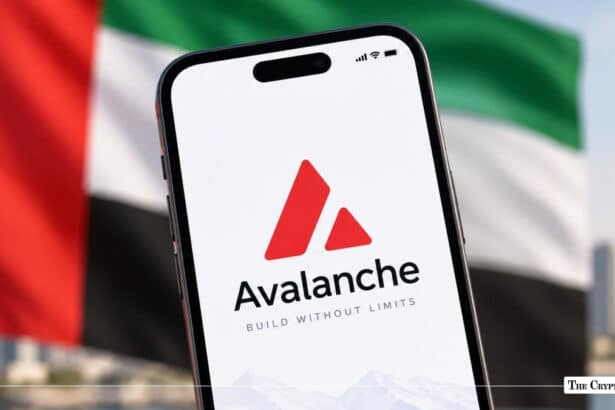 A smartphone displaying the Avalanche logo held in front of a blurred UAE flag