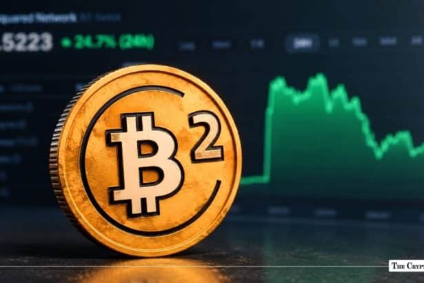 Physical gold B² Network coin in front of a green cryptocurrency price chart.
