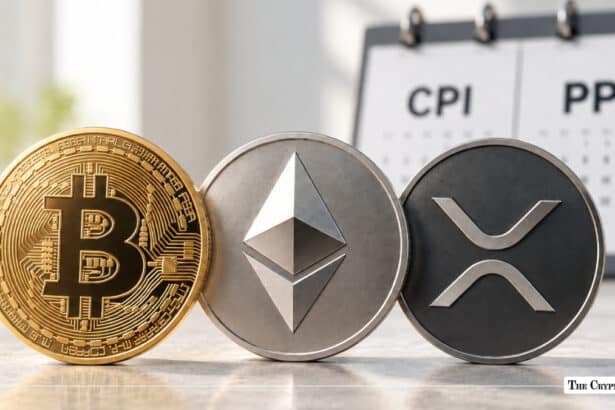 Bitcoin, Ethereum, and XRP physical coins lined up in front of a calendar displaying CPI and PPI