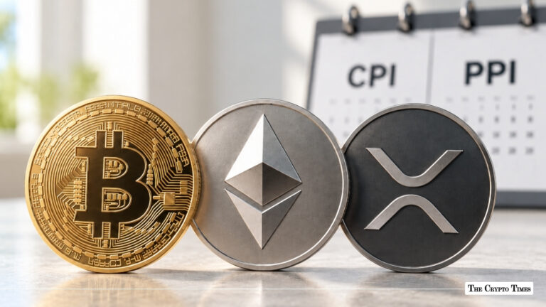 Bitcoin, Ethereum, and XRP physical coins lined up in front of a calendar displaying CPI and PPI