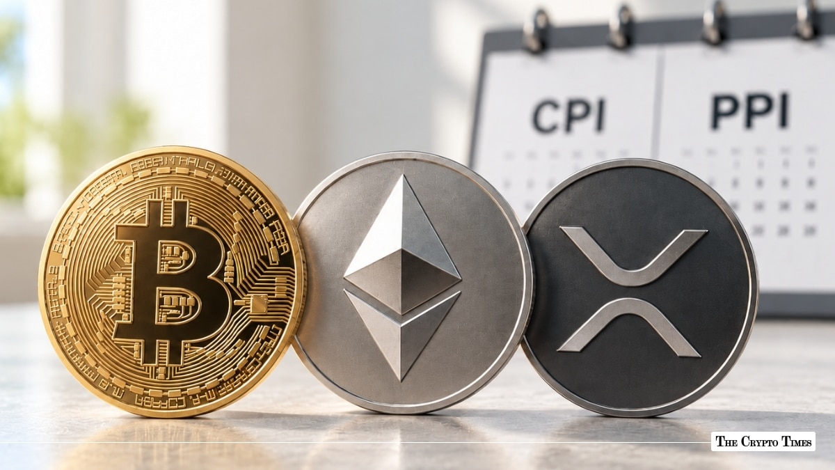 Bitcoin, Ethereum, and XRP physical coins lined up in front of a calendar displaying CPI and PPI