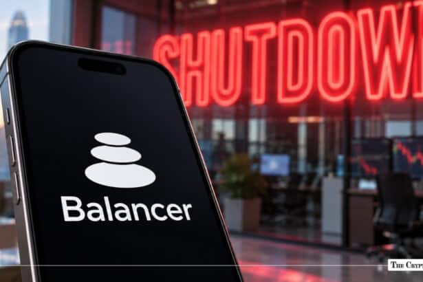 Smartphone displaying the Balancer logo with a glowing red "SHUTDOWN" sign in the backgroun