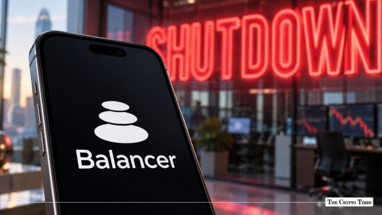 Smartphone displaying the Balancer logo with a glowing red "SHUTDOWN" sign in the backgroun