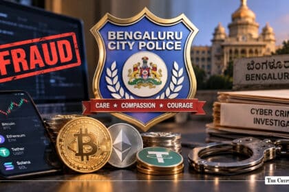 Bengaluru City Police badge displayed alongside handcuffs, cyber crime files, crypto coins, and a smartphone showing trading charts marked with a red fraud stamp.