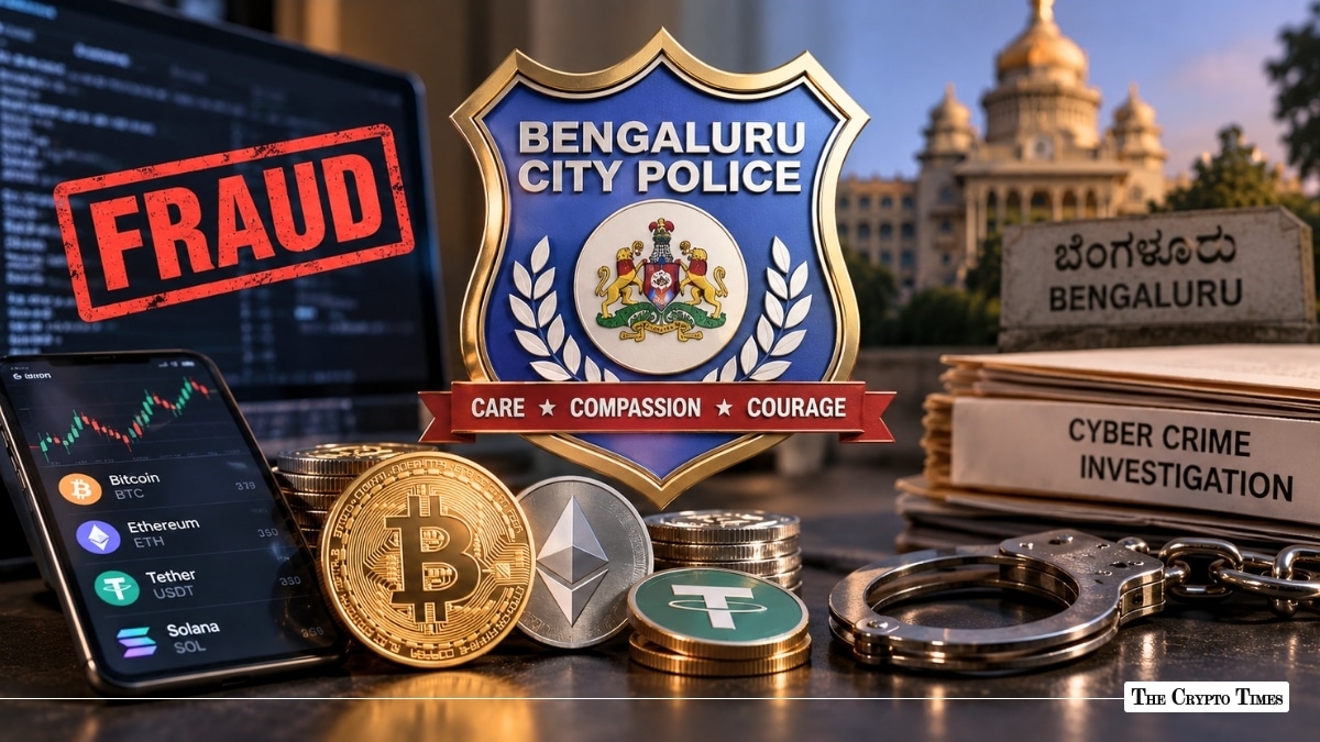 Bengaluru City Police badge displayed alongside handcuffs, cyber crime files, crypto coins, and a smartphone showing trading charts marked with a red fraud stamp.