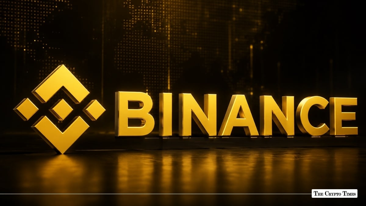 Gold 3D Binance logo and text illuminated on a dark background with reflections on the floor