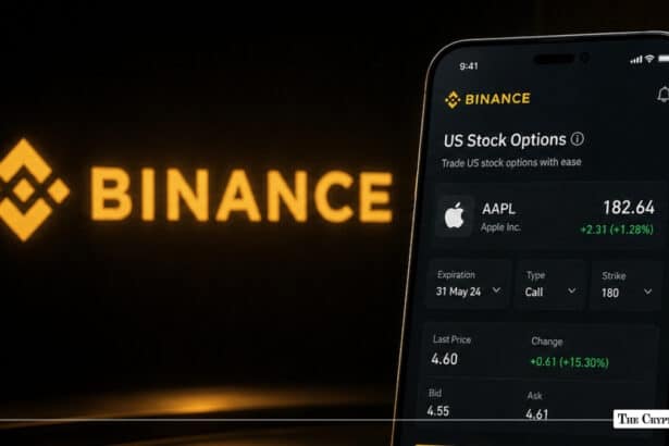Smartphone showing Binance's AAPL stock options interface next to a glowing Binance logo