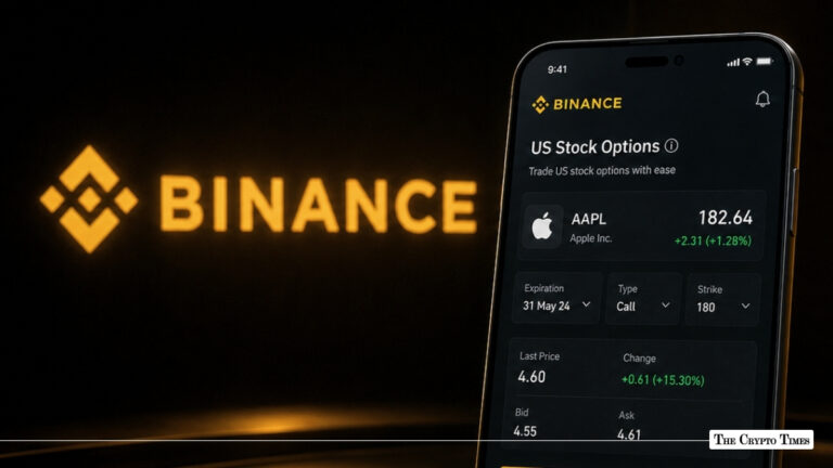 Smartphone showing Binance's AAPL stock options interface next to a glowing Binance logo