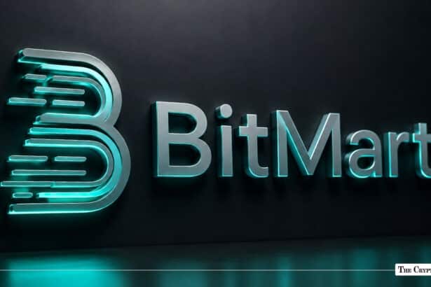 3D metallic silver BitMart logo with glowing cyan accent lighting mounted on a dark textured wall