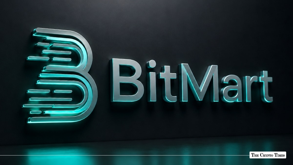 3D metallic silver BitMart logo with glowing cyan accent lighting mounted on a dark textured wall