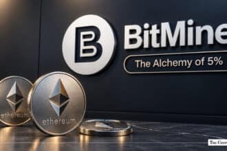 Silver Ethereum ETH coins placed in front of a BitMine wall logo reading The Alchemy of 5%