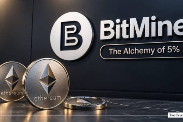 Silver Ethereum ETH coins placed in front of a BitMine wall logo reading The Alchemy of 5%