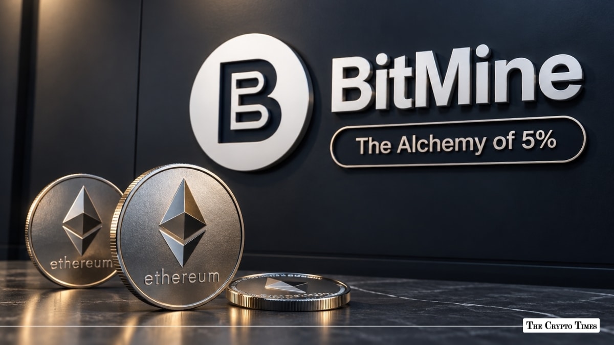 Silver Ethereum ETH coins placed in front of a BitMine wall logo reading The Alchemy of 5%