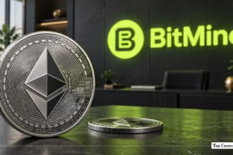 Silver Ethereum ETH coin standing on a desk with green glowing BitMine logo on office wall in background